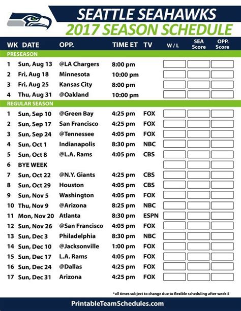 Seahawks Game Schedule Printable