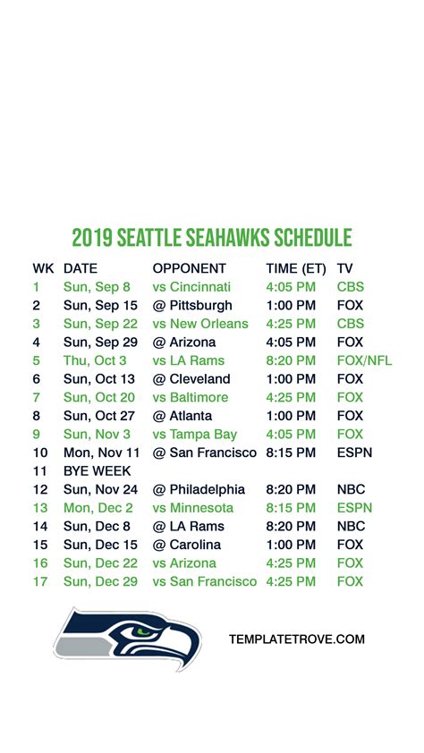 Seahawks Printable Schedule 2022