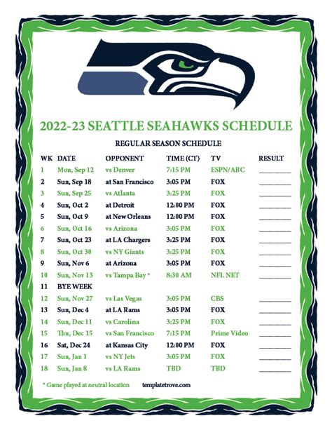 Seahawks Schedule 2022-23 Printable
