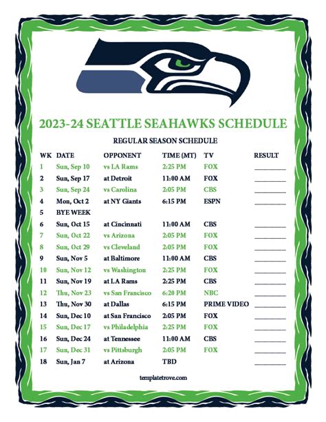 Seahawks Schedule 2024-2024 Printable
