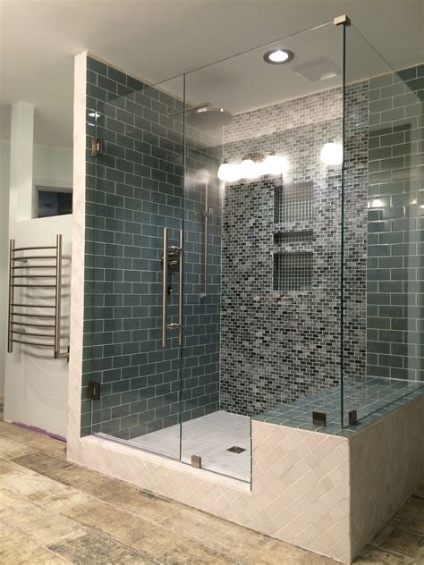 Seamless Glass Shower with dual shower heads. Door glass design, Glass shower, Custom home designs