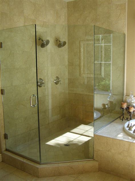 Seamless Glass Shower with Brass Hinges and Brass Door Handle Transitional Bathroom