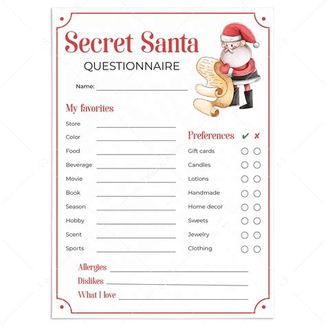 Secret Santa Printable Questionnaire Free