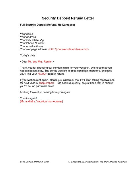 Security Deposit Refund Letter Template