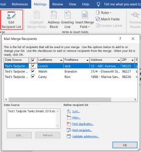 Select your Recipient, Edit and Remove, in MS Word 2016