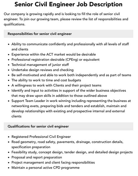 Senior Civil Engineer Job Description