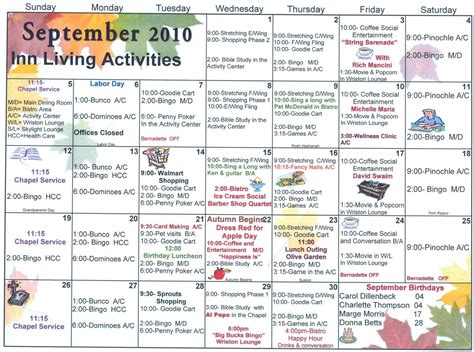 Senior Living Activities Calendar