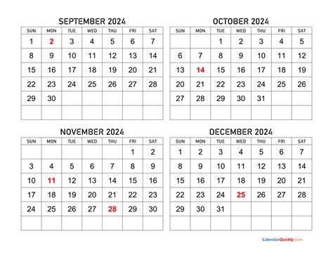 September To December Calendar