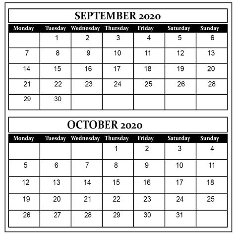September To October Calendar