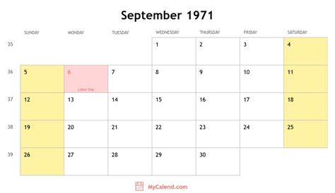 September 1971 Calendar