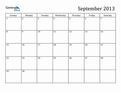 September 2013 Monthly Calendar