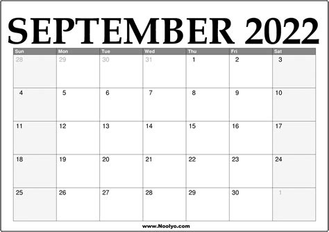 September 2022 Printable Calendar Free