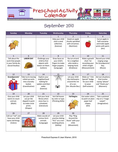 September Activity Calendar
