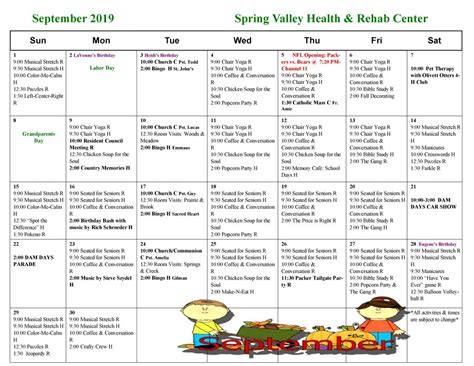 September Activity Calendar For Seniors