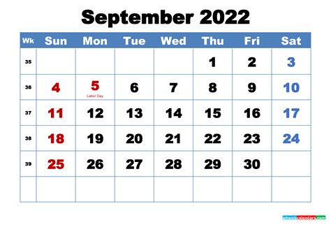 September Calendar 2022 With Holidays Printable