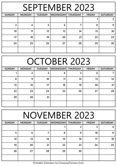 September October And November Calendar