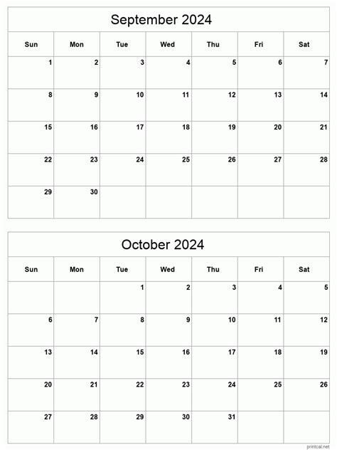 September October Calendar Printable