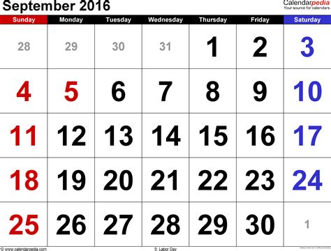 September Of 2016 Calendar