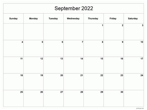 September Printable Calendar 2022