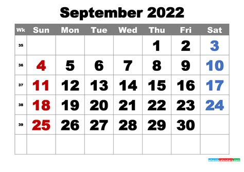 September Printable Calendar 2022 Free