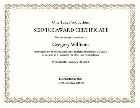 Service Award Certificate Template