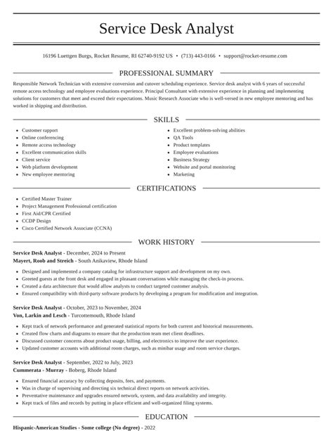 Service Desk Analyst Resume