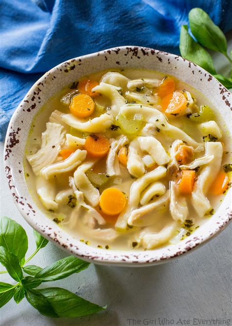 Serving the homemade noodles in chicken broth