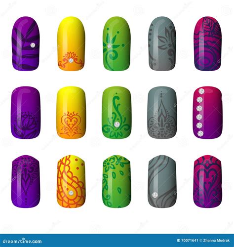 Set Colored Painted Nails Manicure