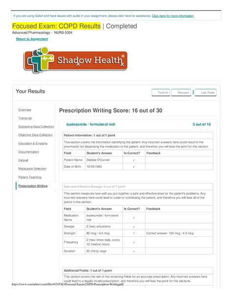 Shadow Health Copd Focused Exam Prescription