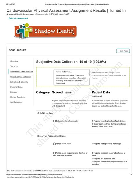 Shadow Health Cardiovascular Objective Data Assessment