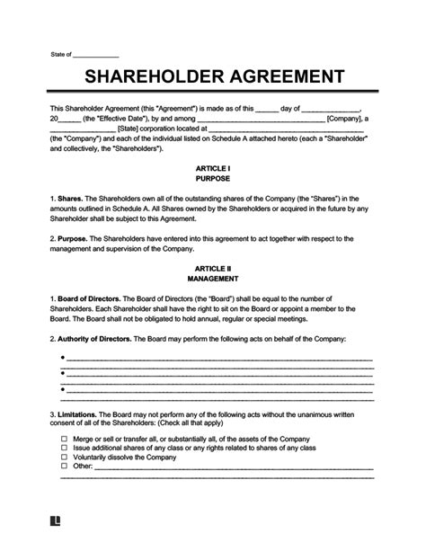 Shareholders Agreement Template Free