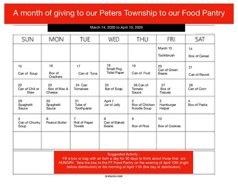 Sheboygan County Food Pantry Calendar