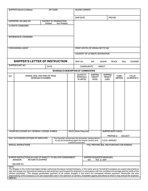 Shipper's Letter Of Instruction Template Excel