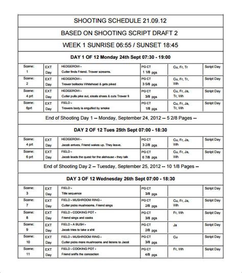 Shooting Schedule Film Template