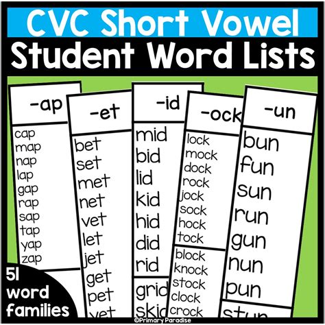 Short Vowel Word Lists, Printable
