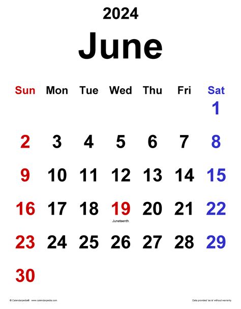 Show Me The Calendar For The Month Of June