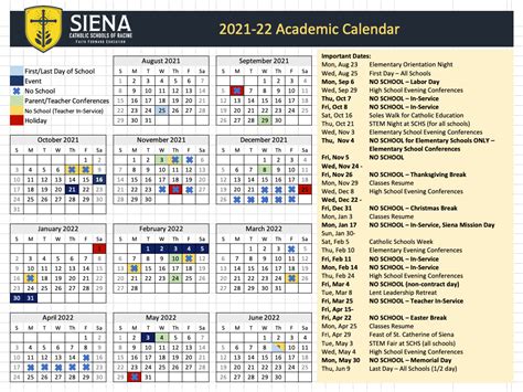 Siena Academic Calendar