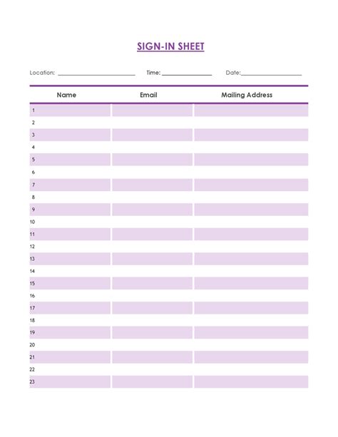 Sign In Sheet Template Free Printable Word