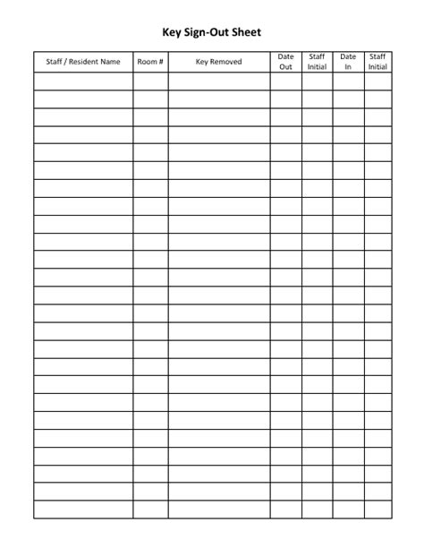 Sign Out Sheet For Keys Template
