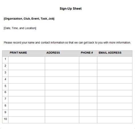 Sign Up Sheet Word Template