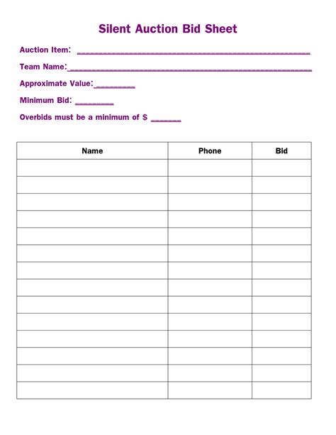Silent Auction Sheets Printable
