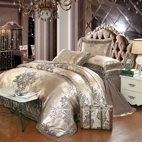 New coffee Gold silver jacquard luxury bedding set queen king stain bed