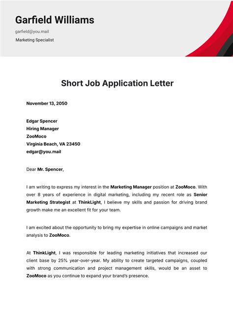 Letter Of Application Short Letter Of Application Sample