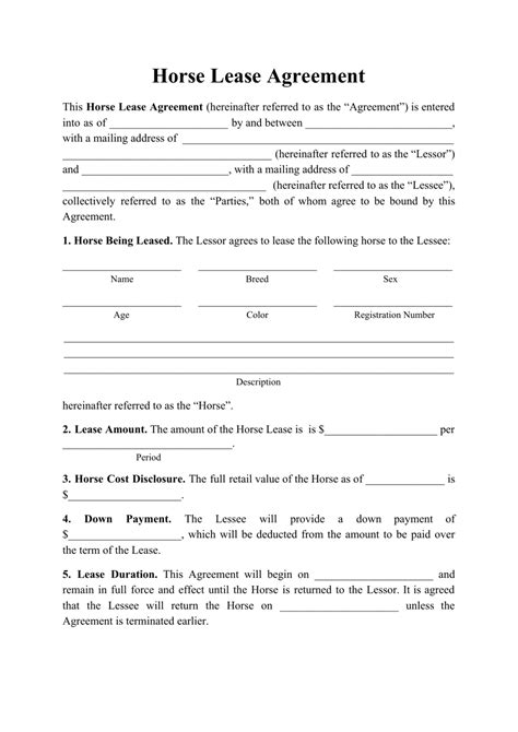 Simple Horse Lease Agreement Template