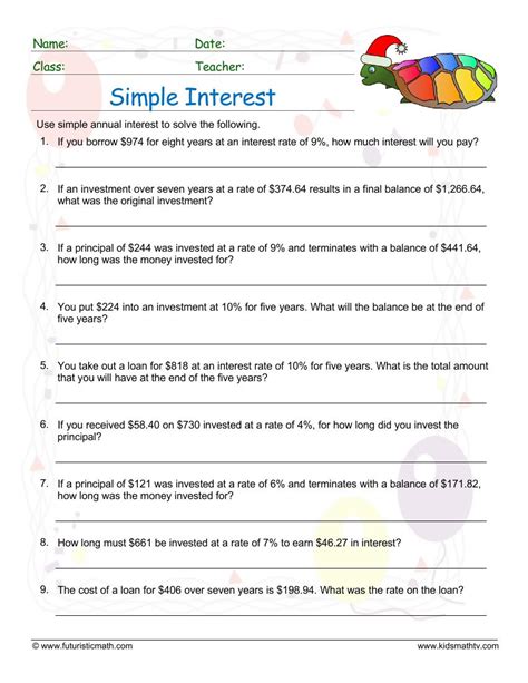 Simple Interest Math Worksheets