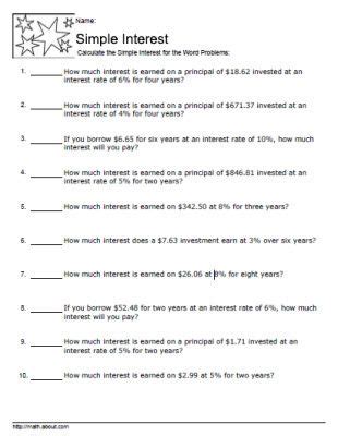 Simple Interest Problems Worksheet