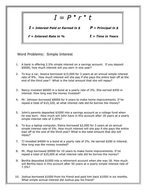 Simple Interest Worksheet With Answers