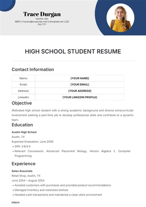 High School Student Resume in Word and Pdf formats