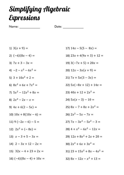 Simplification Of Algebraic Expressions Worksheet