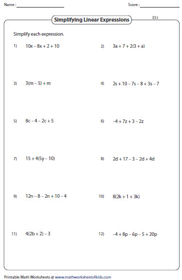 Simplify Algebraic Expressions Worksheets